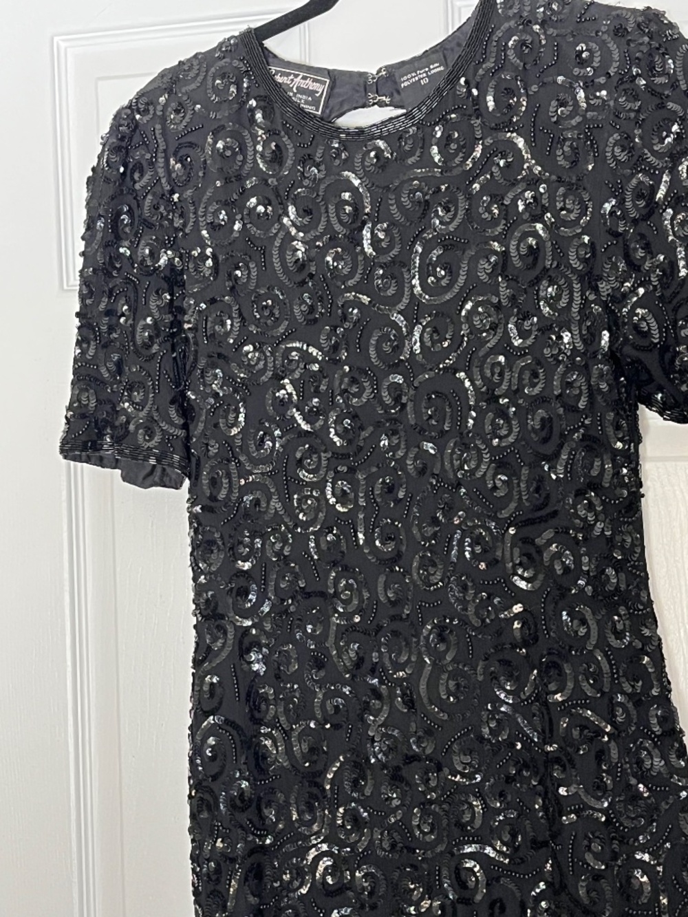 Robert Anthony 100% Silk Black Cocktail Dress with Sequins and Keyhole Back- 10